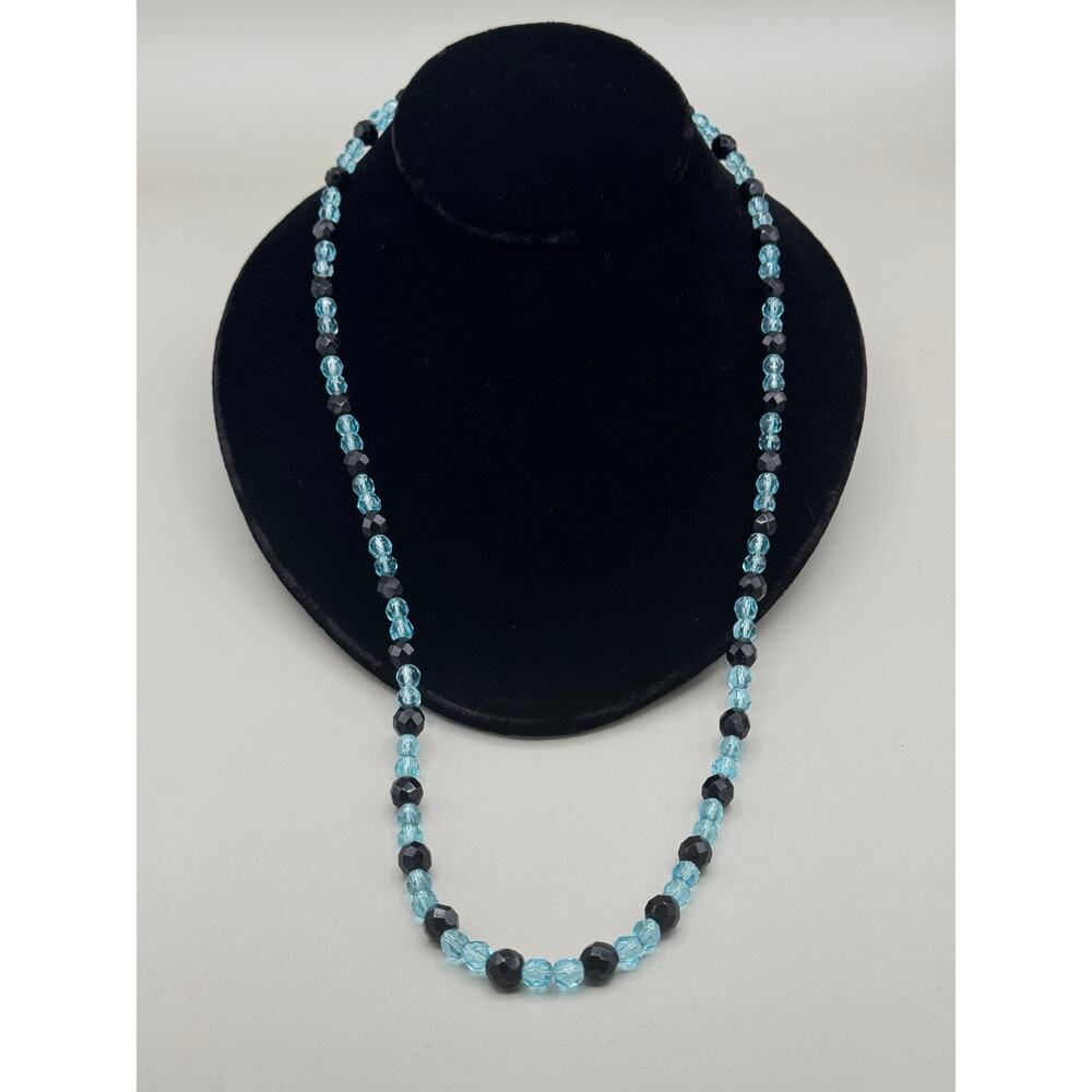 Vintage Turquoise & Black Glass Bead Necklace w/Sterling Silver Clasp